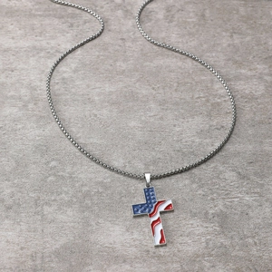 Men's hip hop silver box chain necklace featuring USA flag cross pendant on grey texture
