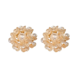 Elegant gold pearl flower earrings with minimalist French style on a clean white background