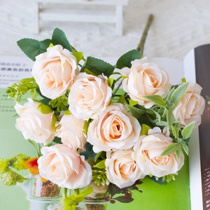 Elegant champagne artificial roses silk flower bouquet for home and wedding decor