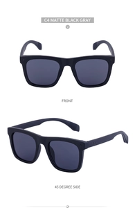 Front and profile views of matte black square sunglasses with grey lenses for men