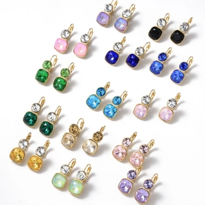 Elegant gold plated steel earrings with colorful square crystal pendants in various shades