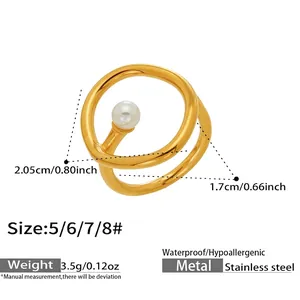 Detailansicht des 18K vergoldeten Edelstahlrings mit Perle und Größeninformationen