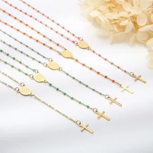Bohemian long Y-shaped rosary necklaces with colorful resin beads and cross pendants