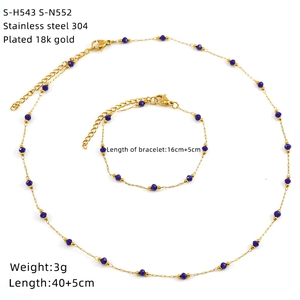 Detail specifications for 18K gold plated stainless steel necklace and bracelet set with blue beads