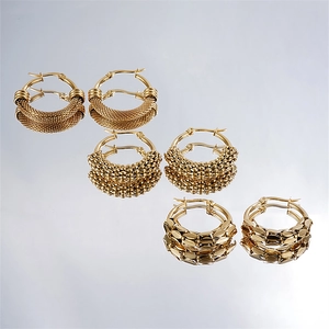Three pairs of gold geometric hoop earrings with textured weaving and chain patterns