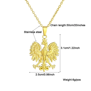 Detailed technical view of a golden stainless steel Polish eagle pendant with measurements