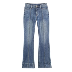 Jean Évasé Pour Femme Denim Lavé Taille Moyenne Retro Streetwear Pantalon Pattes Deph En Coton Denim Bleu