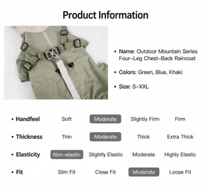 Detail view of dog raincoat features with integrated harness D-ring and size chart info