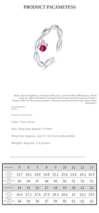 Detailed size chart and material specs for S925 sterling silver heart ring