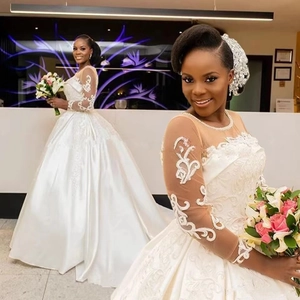 Abito Da Sposa Ricamo In Pizzo Scollo A Illusione Manica Lunga Raso Abito Da Ballo Sposa Africana Vintage Elegante Bianco