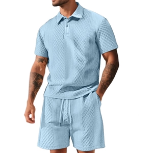 Men's light blue casual two-piece polo set with short sleeve shirt and shorts waffle texture