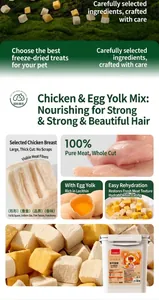Primer plano de cubos de pollo liofilizado premium y gránulos de yema de huevo para gatos