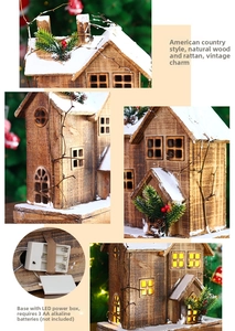 Detailed close-up of wooden Christmas house featuring snowy roof and LED battery compartment