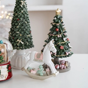 Christmas resin rocking horse and miniature tree table ornament for holiday home decor