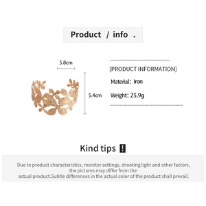 Detailed specifications of golden cut-out flower cuff bracelet made of iron and 25.9g weight