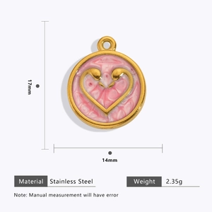 Technical drawing showing 14mm pink heart pendant dimensions in stainless steel
