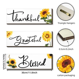 Set of 3 rustic sunflower wall hanging wood signs with thankful grateful blessed words