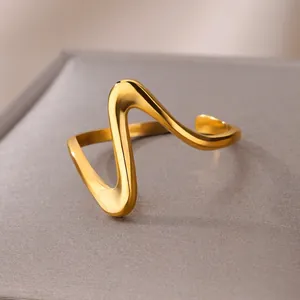 Stainless Steel Wave Open Ring Irregular Geometric Minimalist Adjustable Finger Jewelry Women Accessory