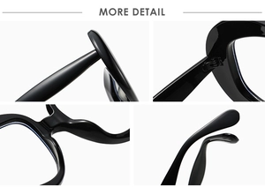 Detail shots of black oversized round glasses frames showing hinges and nose pads