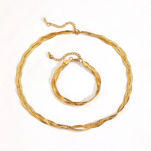 Three-strand braided gold stainless steel jewelry set with necklace and bracelet