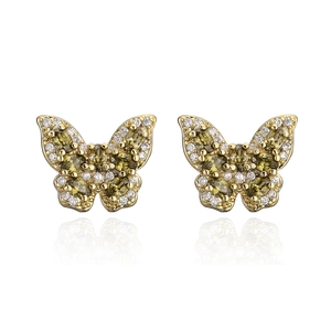 Detailed view of 18K gold plated butterfly earrings with olive green and clear crystals
