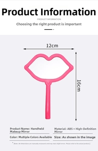 Pink lip-shaped hand mirror dimensions 12cm by 16cm made of ABS and high-definition glass