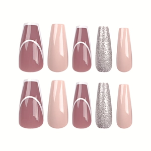 Pink French press-on nails with silver glitter and white curved lines in long trapezoid shape