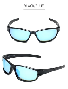 Close-up of polarized blue lenses and black frame with UV400 and Italy design markings