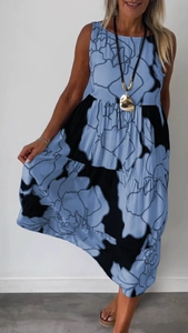 Women's sleeveless A-line summer dress with blue floral print on black fabric