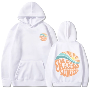White hoodie with sunset print front and back views showing long sleeves and hood
