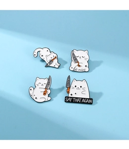 Funny white cat enamel pins set featuring a cat with a knife and be nice text