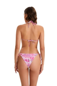 Rear view of pink floral bikini showing adjustable neck and back string ties on the skin