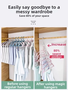 Nine-hole magic clothes hanger showing 80% space-saving effect in horizontal and vertical use