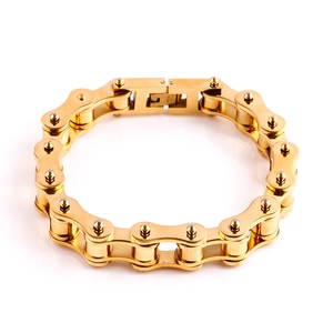 Detail view of gold-plated stainless steel men's bracelet with a bike chain link design