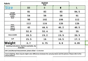 Size chart detail for leopard print faux fur coat showing length and bust measurements