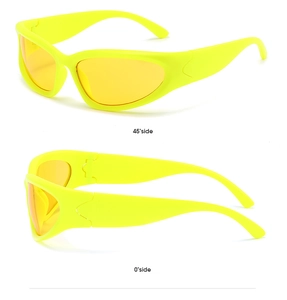 Detail view of fluorescent yellow sports sunglasses showing 45 and 0 degree side profiles