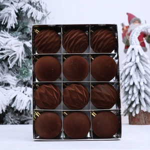 Set of 12 chocolate brown velvet Christmas balls with smooth and spiral textures