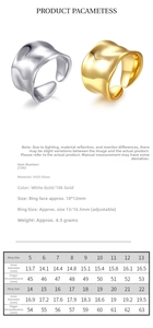 Size chart for 925 sterling silver wavy ring showing ring sizes and inner diameter measurements