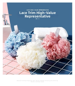 Detailed view of three lace bath balls in blue, white and pink with hanging loops