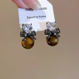 Vintage gold-plated heart zircon and tiger eye stone bow drop earrings for women