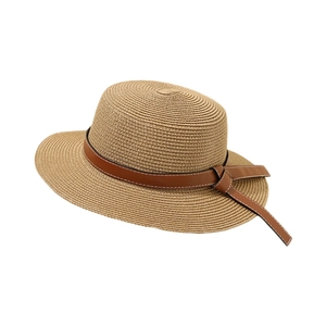 Handwoven straw beach hat with wide brim and elegant brown faux leather buckled strap