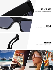 Detail view of square frame sunglasses featuring reinforced metal hinges and nose pads