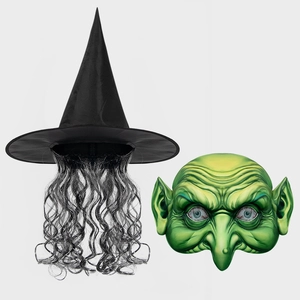 Halloween witch set with a black pointed hat, grey curly wig, and green goblin mask