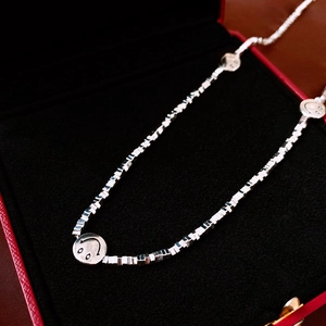 Chic silver-toned smiley face pendant necklace with square bead chain in a gift box