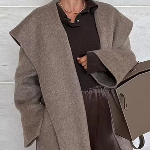 Elegant grey-brown wool blend coat with large lapels and tie-waist belt for women