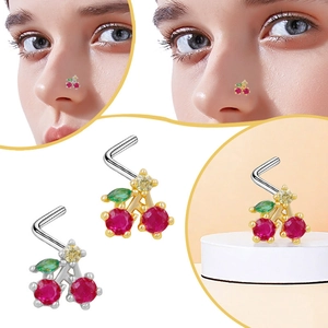Cherry Nose Stud L-Shaped Stainless Steel Rhinestone Piercing Jewelry Sweet Cute Style For Women