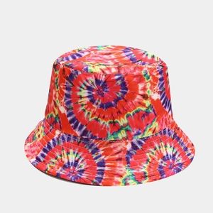 Detailed view of colorful tie-dye bucket hat with reinforced stitching on the brim