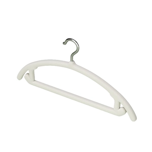 Non-slip white flocked clothes hanger with seamless wide shoulder design and metal hook