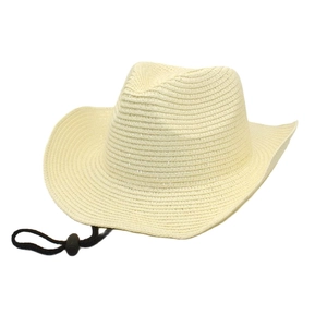 Classic cream straw cowboy hat with black adjustable wind cord and wide upturned brim