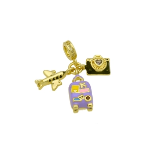 Detail of travel charms with a gold airplane, purple suitcase, and black camera pendant